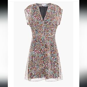 Equipment Silk Georgette Sheer Floral Overlay Lined Bohemian Flowy V Neck Dress